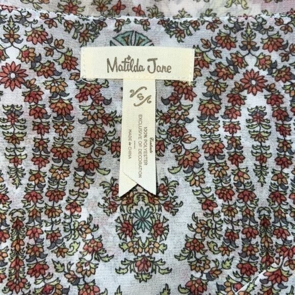 Matilda Jane Floral Ruffle Layered V-Neck Blouse With Sheer Sleeves Womens Small - Picture 10 of 14